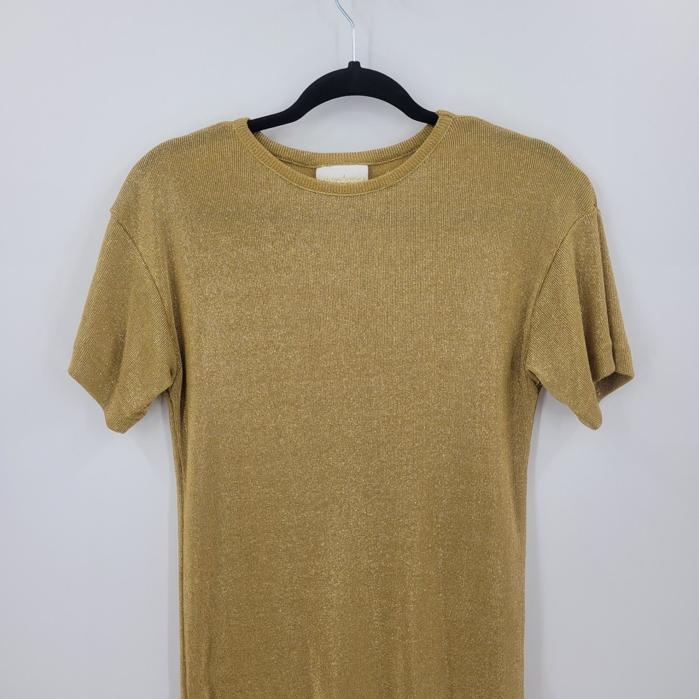Vtg Gold Metallic Ribbed Knit Short Sleeve Top Sz S Layering Glam Cocktail - Picture 4 of 7